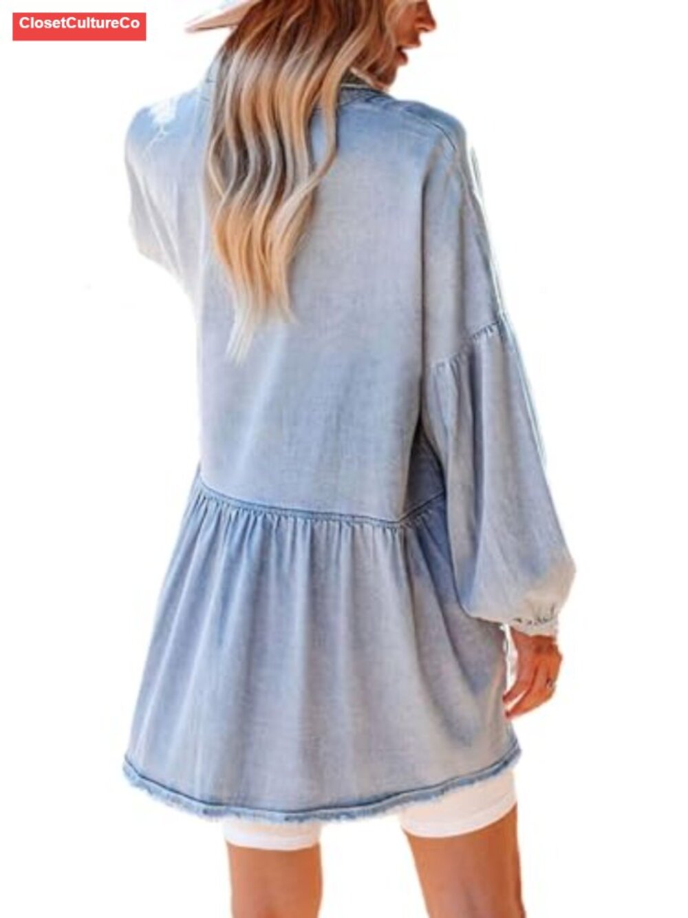 Oversized Distressed Denim Button Down Tunic Mini Dress with Pockets - Picture 4 of 6